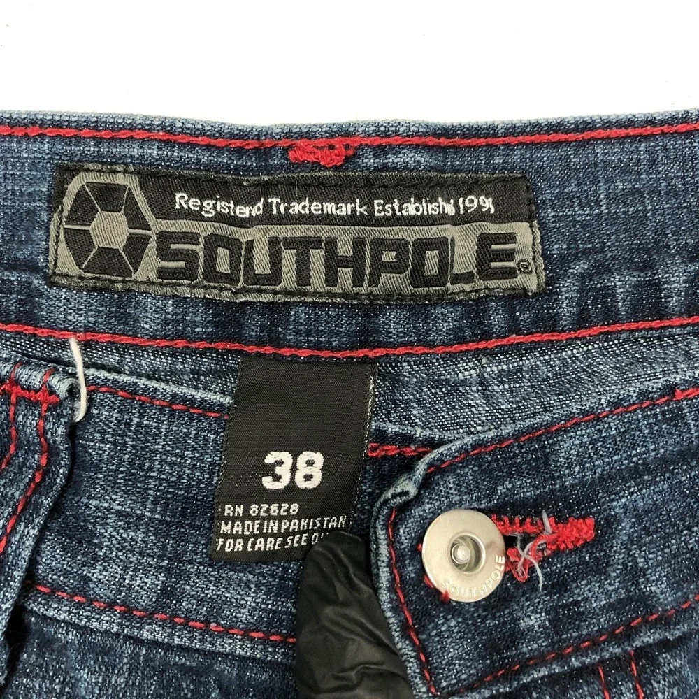 Southpole Jeans Mens 38x32 Blue Straight Leg Denim Red Stitch Casual Hip Hop Y2K